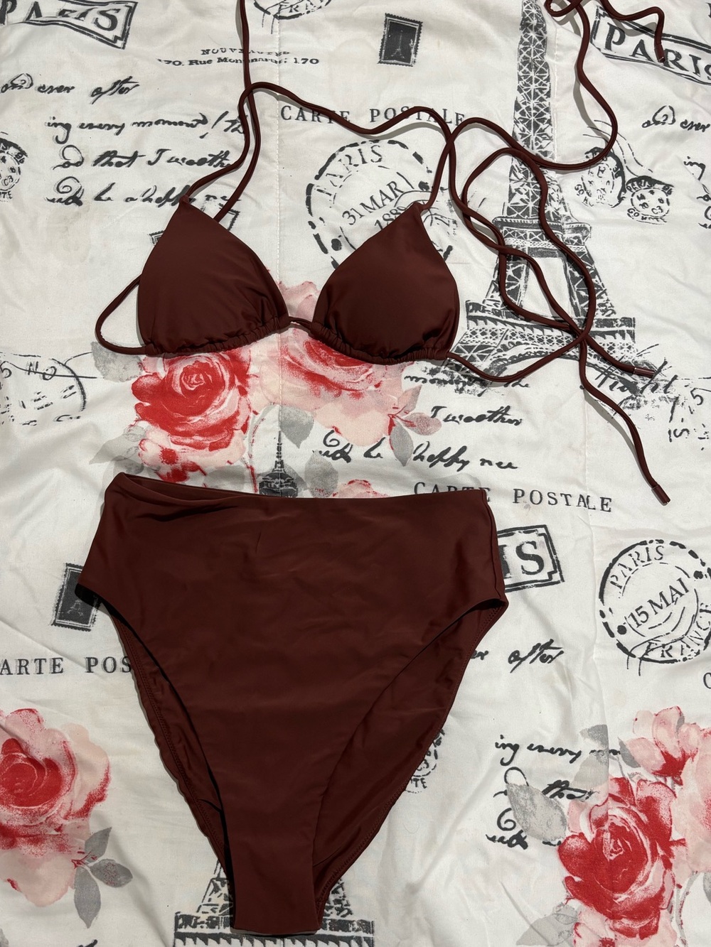 Women's S/M High-Waist Triangle Bikini Set - Deep Brown